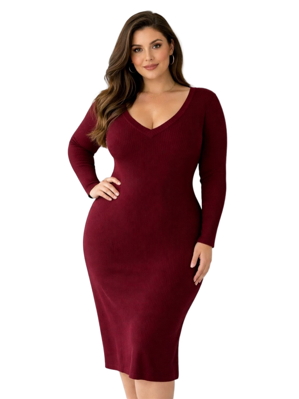 maroon v neck ribbed sweater dress